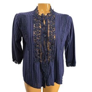 Women's Navy‎ Blue Lace Trimmed Button Up Blouse Top 3/4 Lace Trim Sleeve Size M